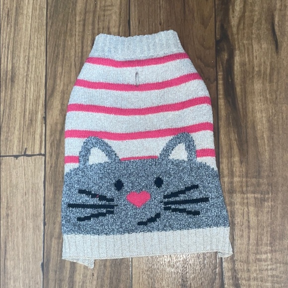 Dog Small Tan Gray and Pink Cat Face Striped Sweater - Picture 1 of 8